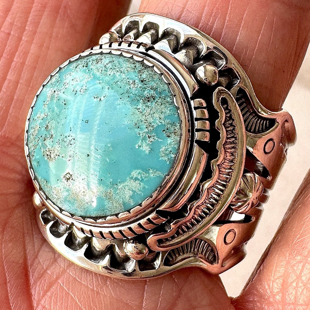 BIG Navajo Mens Turquoise Ring Sz 13.5 Wide Band Signed Lee Sterling Native Amer
